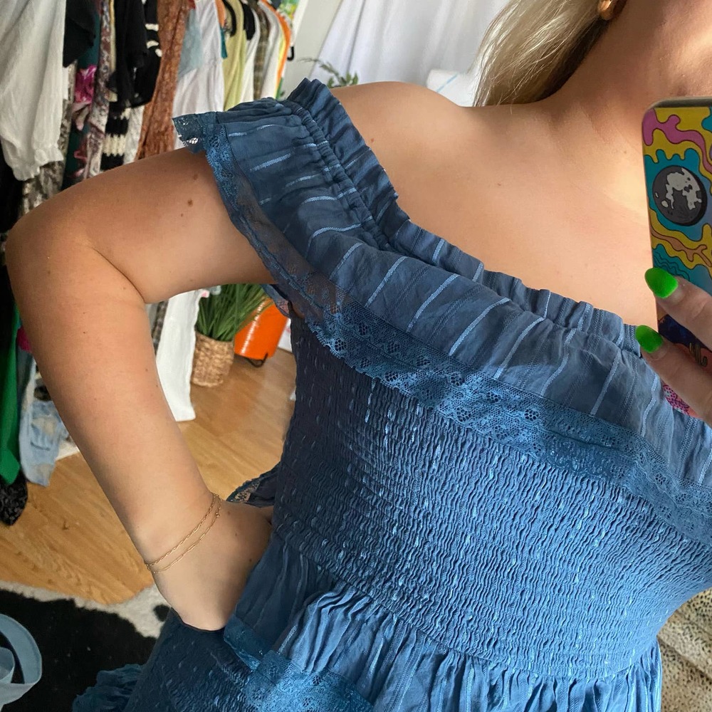 Tularosa Teri Off The Shoulder Smocked Ruffle Mini Dress Blue Size XL - Picture 5 of 5
